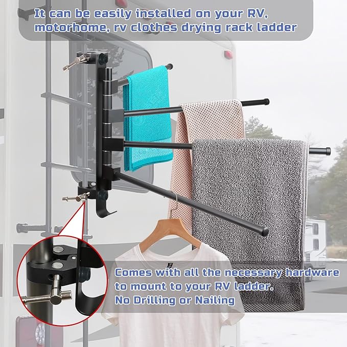 RV Clothes Drying Rack, Aluminum, 304 Stainless Steel Accessories Versatile No Drilling Anti-Rust for Ladder, Boats, RV, Camper, Trailer, Travel, Hotel, Home