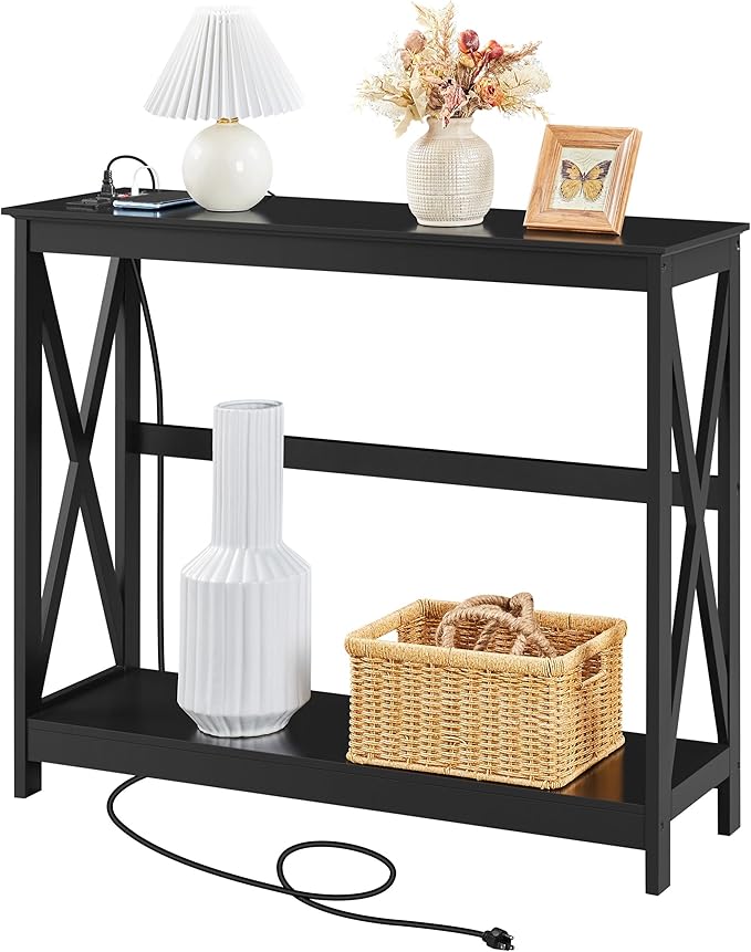 Yaheetech Console Table with Outlets and USB Ports, Entryway Table with Storage Shelves, Sofa Table Narrow Long with X Design for Living Room, Hallway, Foyer, Black