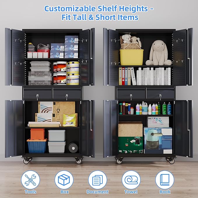 Garage Storage Cabinet with Wheels and 2 Drawers, Locking Metal Storage Cabinet with 2 Adjustable Shelves and 4 Doors for Garage, Home, Assembly Required, Black and Dark Gray