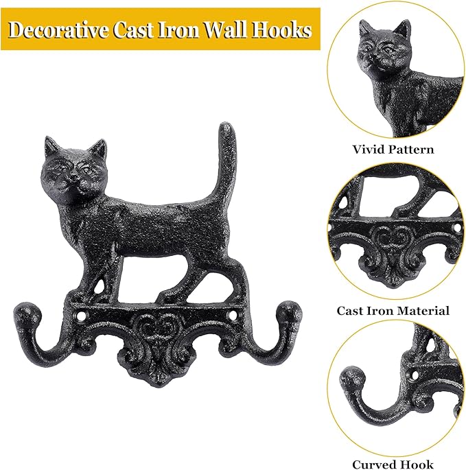 OwnMy Cast Iron Decorative Wall Coat Hook Cat Key Holder, Vintage Dog Leashes Holder Key Hooks for Walls, Heavy Duty Indoor Outdoor Double Wall Hooks for Hanging Towels, Hats, Potted Plants, Tools