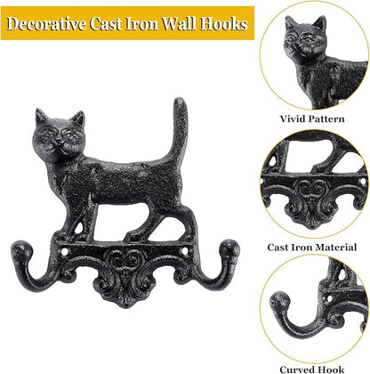 OwnMy Cast Iron Decorative Wall Coat Hook Cat Key Holder, Vintage Dog Leashes Holder Key Hooks for Walls, Heavy Duty Indoor Outdoor Double Wall Hooks for Hanging Towels, Hats, Potted Plants, Tools
