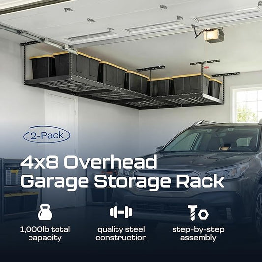 2-Pack 4 x 8 MonsterRax Overhead Garage Storage Rack, Ceiling Racks for Garage, Organization Shelving, Adjustable Hanging Shelf, Grey, 12"-21" Height Adjustment