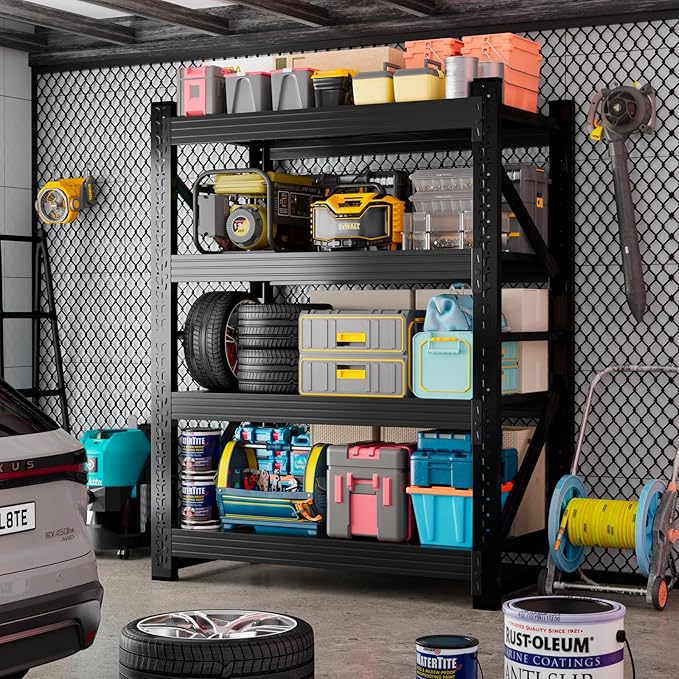 3000LBS Garage Storage Shelves, 48" W Garage Shelving Heavy Duty Adjustable Shelving Unit, 4 Tier Metal Utitly Shelves Industrial Shelving for Warehouses,Basement,Black