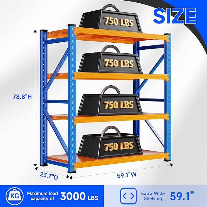 59" W Garage Storage Shelves,3000LBS Garage Shelving Heavy Duty Adjustable Shelving Unit,4 Tier Metal Utitly Shelves Industrial Shelving for Warehouses,Basement,Blue-Orange