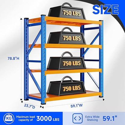 59" W Garage Storage Shelves,3000LBS Garage Shelving Heavy Duty Adjustable Shelving Unit,4 Tier Metal Utitly Shelves Industrial Shelving for Warehouses,Basement,Blue-Orange