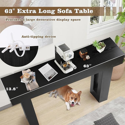 Depeht 63" Long Entryway Console Table, Wooden Farmhouse Sofa Behind Couch Table with Thickened Base, Large Industrial Hallway Accent Furniture for Living Room, Entrance, Foyer, Hallway (Black)