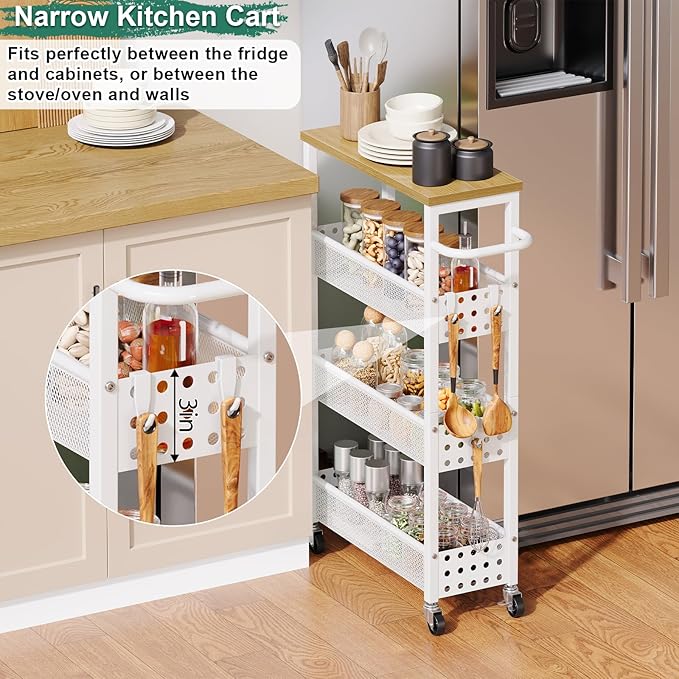 Slim Rolling Storage Cart, Laundry Room Organization and Storage Shelves for Between Washer and Dryer, Narrow Shelf Unit for Small Spaces, 4 Tier Thin Organizer Carts with Wheels for Bathroom, Kitchen