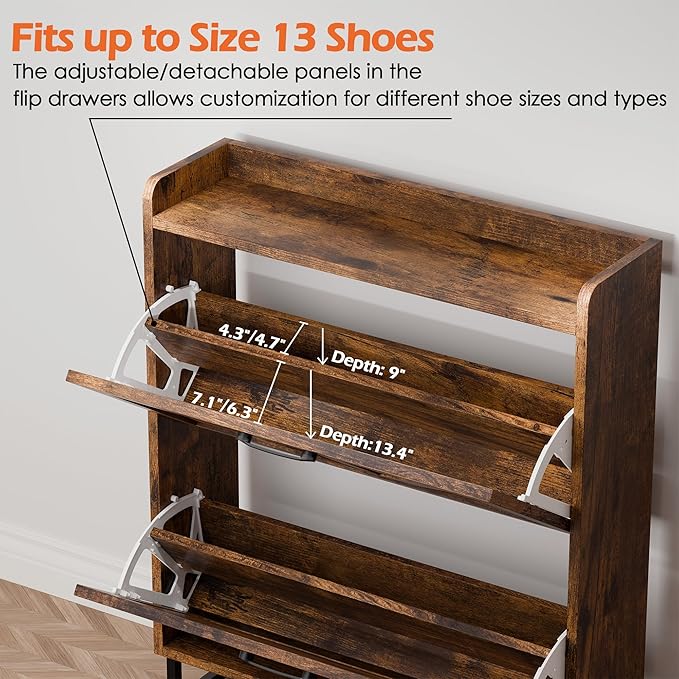 Betterhood Entryway Shoe Cabinet with 2 Flip Drawers, Farmhouse Slim Shoe Rack, Freestanding Hidden Shoe Organizer with Metal Legs, Shoe Cabniet for Entryway with Storage, Hallway, Foyer, Brown