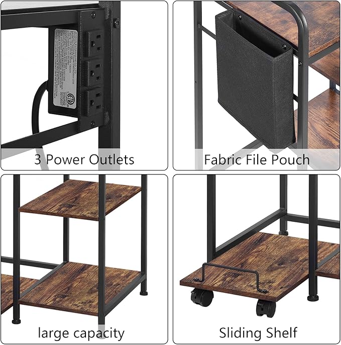 Home Printer Stand with Charging Station, 24x18 Inches Stands for Large Printer, Printer Shredder Stand with Storage for Home Office, Table for Fax Machine/PC Tower (Rustic Brown)