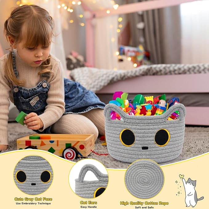 Small Storage Basket, Cat Basket Woven Cotton Rope Basket for Nursery, Baby Blanket Organizer with Handles for Toys,Towels,Clothes, Baby Storage for Gifts Cat Dog Bin Toys 8.5×4.5 inches,Grey