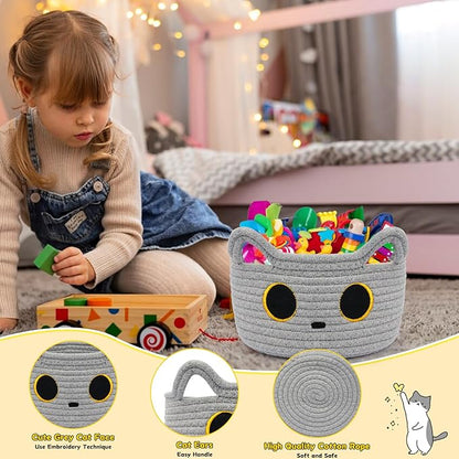 Small Storage Basket, Cat Basket Woven Cotton Rope Basket for Nursery, Baby Blanket Organizer with Handles for Toys,Towels,Clothes, Baby Storage for Gifts Cat Dog Bin Toys 8.5×4.5 inches,Grey