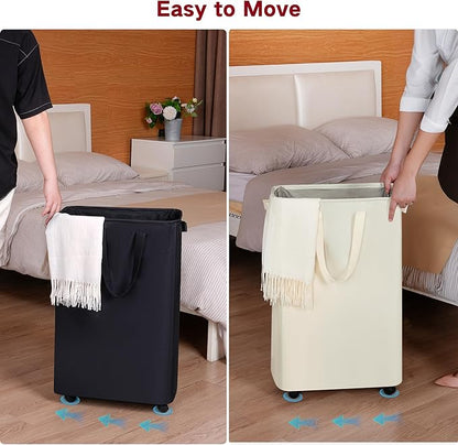 efluky Slim Laundry Hamper with Wheels, Rolling Laundry Basket for Clothes, Small Laundry Basket for Bedroom, Dorm and Laundry Room, 75L (19.8 Gallons) Grey