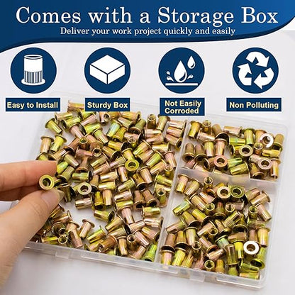 190Pcs M4 Rivet Nuts, Metric Zinc Plated Finish Carbon Steel Flat Head Threaded Insert Nutsert Kit