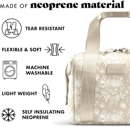 Fit & Fresh Remi Neoprene Lunch Bag For Women - Meal Prep Kit with Containers & XL Ice Pack, Self Insulating Neoprene-like Material, Machine Washable Lunch Bag, Tear & Stain-Resistant, Tan Toile