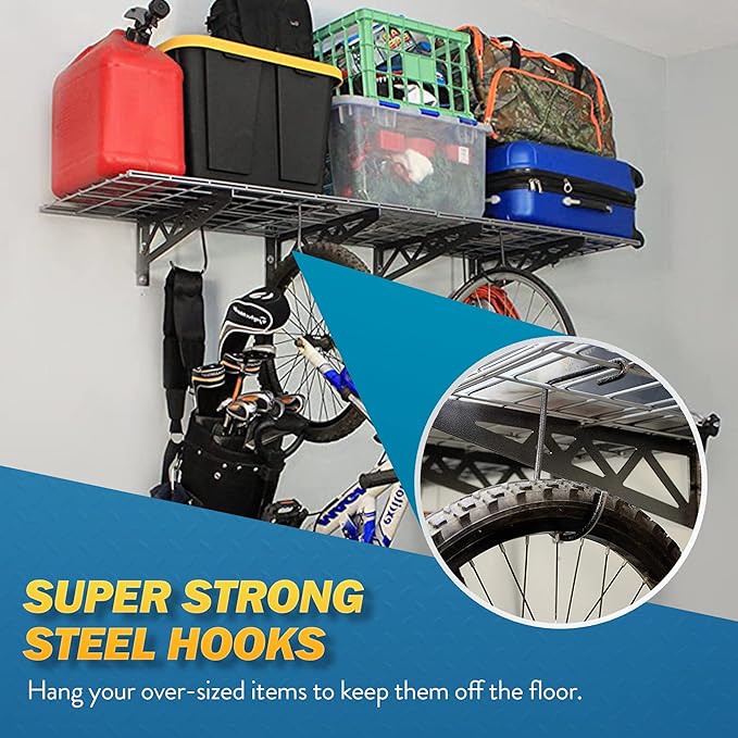 MonsterRax | Garage Wall Shelf Two-Pack White or Hammertone | Three Size Options | Includes Bike Hooks | 500lb Weight Capacity (Hammertone, 24"x48")