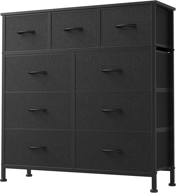 DUMOS 9 Drawer Dresser for Bedroom, Fabric Storage Organizer with Sturdy Metal Frame, Wooden Top Chest of Drawers for Closet Entryway Guest Room,Matte Black