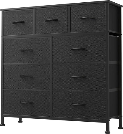 DUMOS 9 Drawer Dresser for Bedroom, Fabric Storage Organizer with Sturdy Metal Frame, Wooden Top Chest of Drawers for Closet Entryway Guest Room,Matte Black