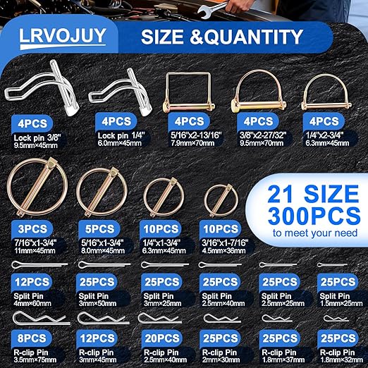300PCS Heavy Duty Pin Assortment Kit, Tractor Linch Pins Hitch Pins PTO Pins R Clips Cotter Pins Hair Pins Square Pins for Trailers, Trucks, Lawn Mowers, Farm & Garden Equipment