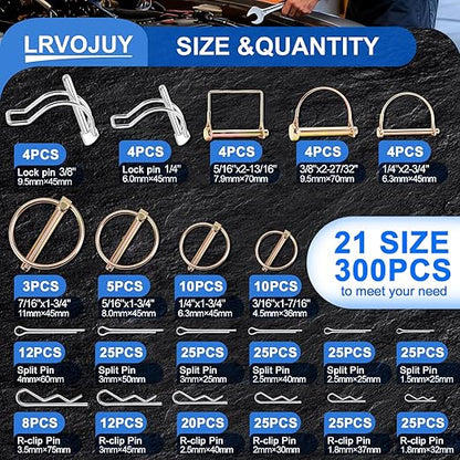 300PCS Heavy Duty Pin Assortment Kit, Tractor Linch Pins Hitch Pins PTO Pins R Clips Cotter Pins Hair Pins Square Pins for Trailers, Trucks, Lawn Mowers, Farm & Garden Equipment