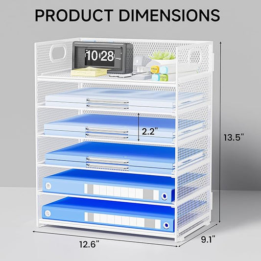 Paper Organizer for Desk with Handle, 6-Tier Metal Mesh File Organizer | Stackable Letter Tray for Office Documents & Stationery Storage