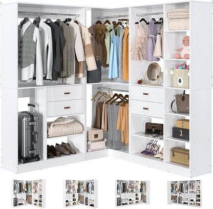 Armocity Freestanding Closet System with 3 Sets, 110'' Reversible Stand-alone Wardrobe, 80'' Height Cloth Garment Organizer, Walk-in Closet with Hanging Rod, 71"L x 71"W x 80"H, Load 2500 LBS, White