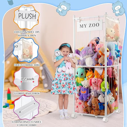 Stuffed Animal Storage Zoo with Wheels, Wooden Stuffed Animal Organizer with Elastic Cords, Space Saving Toy Plushies Storage Holder for Playroom, Bedroom, Living Room(White, Large)