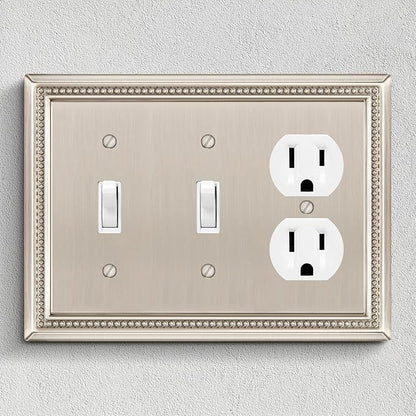 Henne Bery Sunken Pearls Heavy Duty Decorative Wall Plate Switch Plate Outlet Cover (Double Toggle/Single Duplex, Satin Nickel)