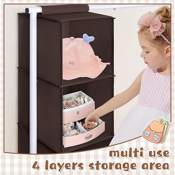 Univivi Kids Clothing Rack with Hanging Organizer, Short Toddler Dress Up Storage Rack for Hanging Clothes, Kids Wardrobe Closet for Baby Clothes, Dance Costumes, Brown/White