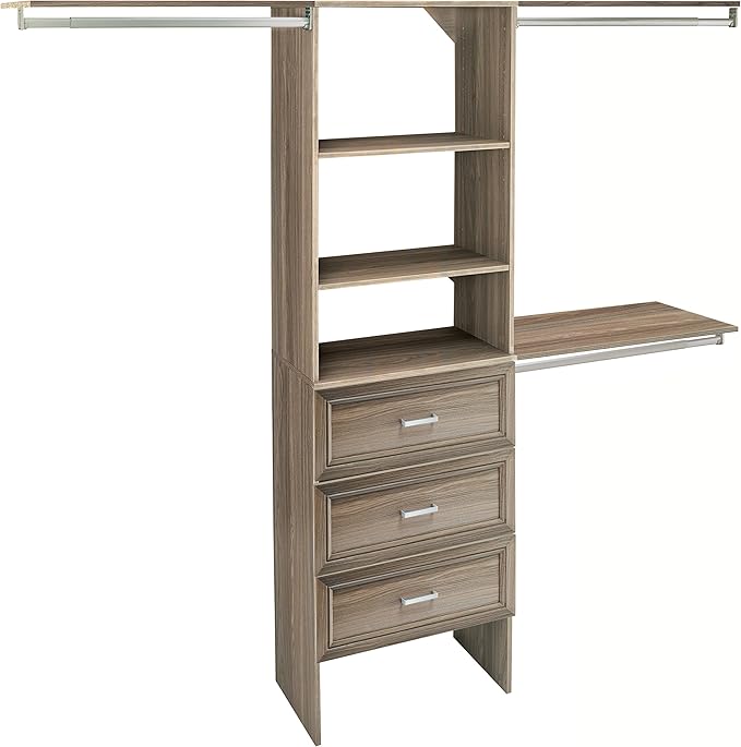 ClosetMaid SuiteSymphony Wood Closet Organizer Kit with Tower, 3 Hang Rods, Top Shelves, 3 Drawers, Adjustable, Fits Spaces 6-10 ft. Wide, Natural Gray