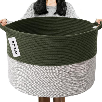 65L Large Blanket Basket,19.7" L x 19.7" W x 13" H Rope Woven Baskets with Handles, Toys Storage Bins,Laundry Basket Perfect for Living Room, Nursery,Bedroom,Home Organization,Green&White