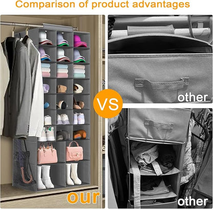 Hanging Shoe Organizer for Closet, Closet Hanging Shoe Storage Rack Holder Shelves,Collapsible Shoe Closet Organizers and Storage with 4 Large Side Pockets,25 Sections for Shoes,Hats,Clothes(Gray)