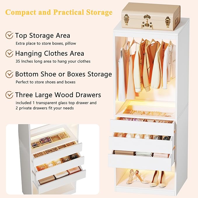 Freestanding Closet System Set of 2, 4FT Closet Organizer System with 6 Wood Drawers & Glasstop, 48" Closet Systems with Hanging Rod & LED Light, Heavy Duty Walk-in Closet, White(48"L x 16" W x 80" H)