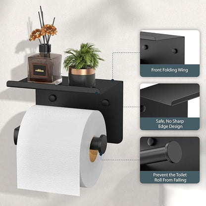 FORIOUS Toilet Paper Holder with Shelf, Adhesive or Screw Wall Mount Toilet Paper Roll Holder for Bathroom, SUS 304 Stainless Steel Commercial Toilet Tissue Holder with Storage Dispenser, Matte Black