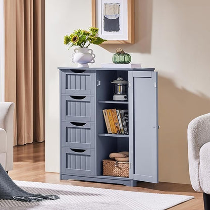 Yaheetech Large Bathroom Floor Cabinet with 4 Dawers and Single Door Cabinet, Freestanding Storage Cabinet for Living Room Kitchen Hallway, Gray