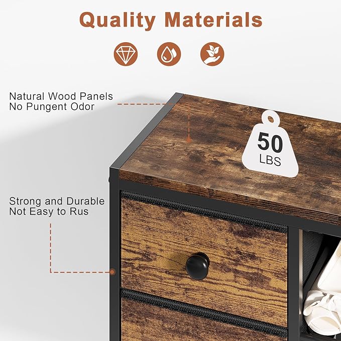 5-Tier Shoe Rack with 2 Fabric Drawers, Metal Frame and Wooden Board Shoe Organizer for 16-20 Pairs of Shoes, Shoe Shelf with Boots Storage for Entryway Closet Rustic Brown