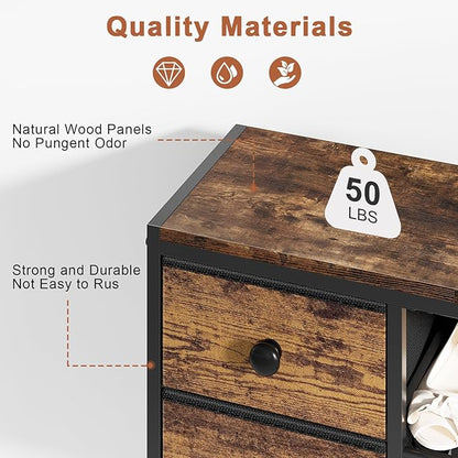 5-Tier Shoe Rack with 2 Fabric Drawers, Metal Frame and Wooden Board Shoe Organizer for 16-20 Pairs of Shoes, Shoe Shelf with Boots Storage for Entryway Closet Rustic Brown