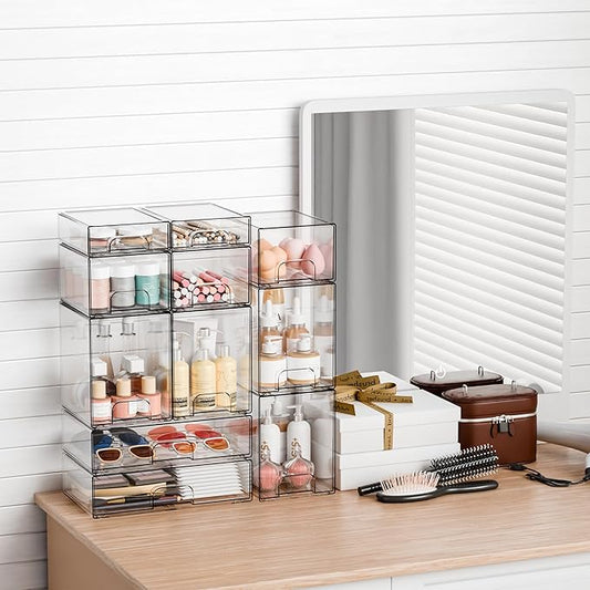 Yieach 2 Pack Clear Stackable Storage Drawers,4.4'' Tall Acrylic Drawer Containers for Organizing,Bathroom Organizers and Storage Bin Box,Plastic Makeup,Medicine Organizer Bins for Cabinet,Undersink