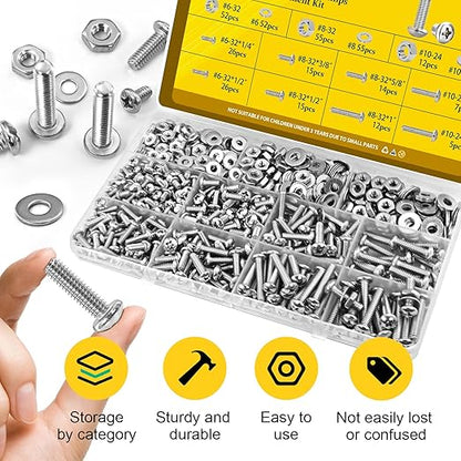 358PCS Machine Screws and Nuts Assortment Kit, #6-32#8-32#10-24 Phillips Pan Head Bolts Assorted, 304 Stainless Steel Nuts Bolts and Flat Washers Set