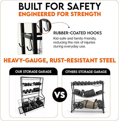 AMPLY Sports Equipment Organizer, Rolling Sports Ball Storage Garage Rack with Large Ball Bins, Side Bat Grid and Multi-Tier Shelves, Steel Rust-Resistant Gear Cart for Families, Schools, Gyms
