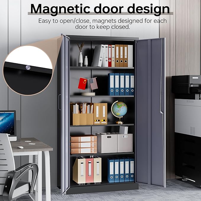Metal Storage Cabinet with Lock,71" Garage Cabinets with 2 Doors and 4 Adjustable Shelves, Steel Locking Caninets Tall Tool Storage Caninet, Lockable File Cabnet for Home Office, Pantry
