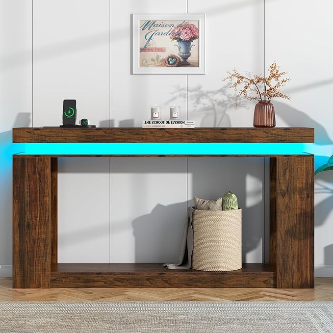 Loomie 63" Long Console Table with LED Lights & Power Outlet, 2-Tier Farmhouse Sofa Table Behind Couch with Storage, Narrow Entryway Tables with Heavy Duty Base for Living Room, Hallway (Brown)