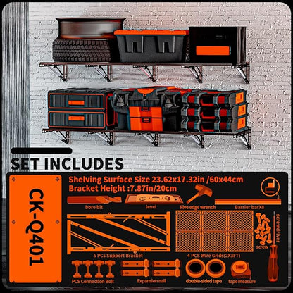 Heavy Duty Foldable Garage Storage Shelves Wall Mounted Metal Rack Unit Organizer with Removable Edge Barriers, Adjustable System for Corner Wall Use, 69.96 Inch Long 24.45 Inch Large
