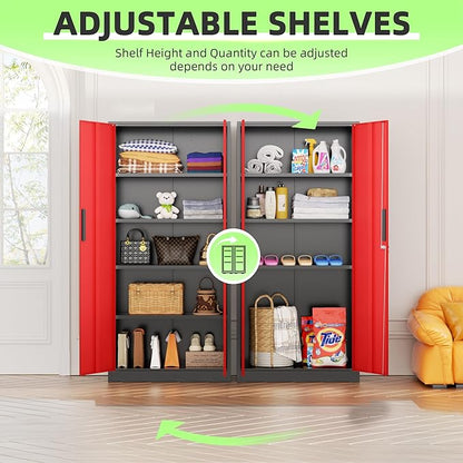 Bonusall 72" Metal Garage Storage Cabinet - 900lbs Heavy Duty Steel Cabinet with 3-Point Locking System & 4 Adjustable Shelves, Lockable Tall Storage for Garage, Office, Warehouse - Black & Red