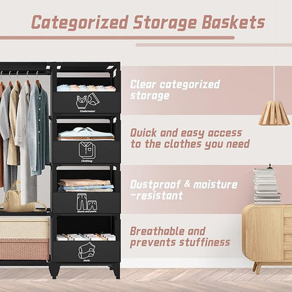Portable Closet, Easy Assembly, Large Capacity Wardrobe Closet, Sturdy and Stable Clothes Rack with Shelves 4 Storage Baskets and 2 Hanging Rods, for Bedroom and Cloakroom Black