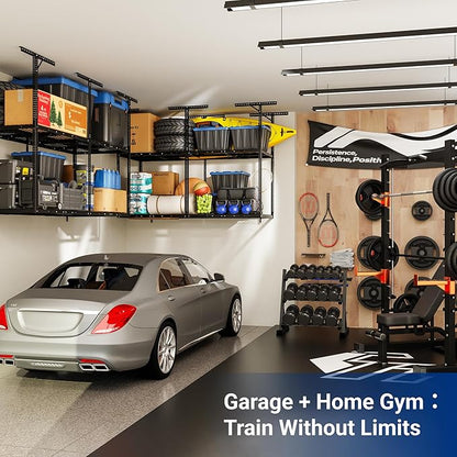 FLEXIMOUNTS 3x8 2-Tier Overhead Garage Storage Rack – Adjustable Heavy Duty Metal Garage Ceiling Storage Racks, 1000 lbs Capacity – Garages Organization System for 9–15 ft Tall Garages, Black
