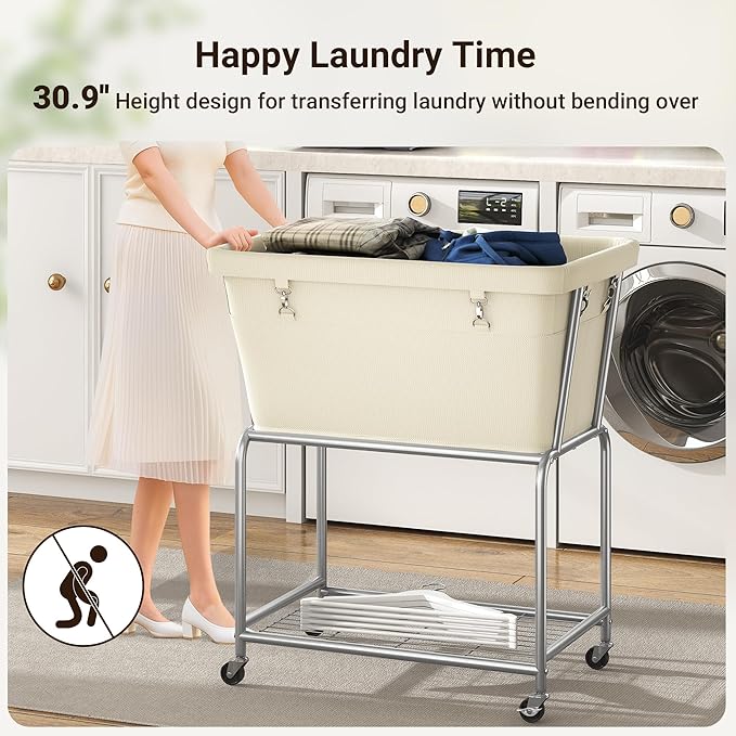 ELYKEN Rolling Laundry Hamper with Wheels, 32-Gallon (122L) Laundry Cart with Removable Bag, 2-Tier Clothes Basket Hamper with Shelf for Closet, Bedroom, Bathroom, Laundry Room, Cream