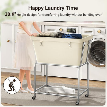 ELYKEN Rolling Laundry Hamper with Wheels, 32-Gallon (122L) Laundry Cart with Removable Bag, 2-Tier Clothes Basket Hamper with Shelf for Closet, Bedroom, Bathroom, Laundry Room, Cream
