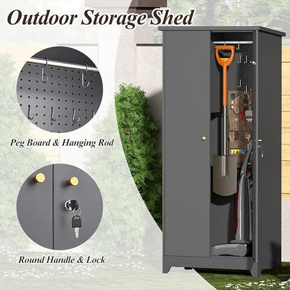 GREATMEET 72.8" Outdoor Broom Storage Cabinet, Metal Storage Cabinets for Cleaning Supplies with Slanted Roof, Utility Closet, Waterproof Outdoor Shed for Broom Mop, Grey