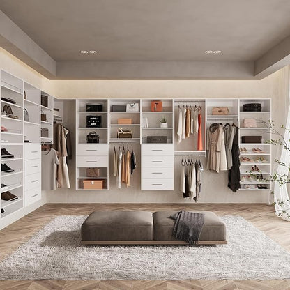 ROOMTEC Modular Closet System, 96" Wall-Mounted Closet Organizer with Hanging Rods, Modern Wooden Tower for Walk-In Closets, Wardrobe Storage Kit, White