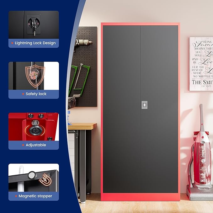 Yizosh Metal Garage Storage Cabinet with Lock Doors and 5 Shelves,- 71" Heavy Duty Steel Locking Tool Cabinet for Garage,Office,School (Red Black)